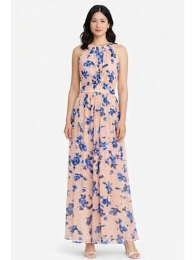 maxi eliza j dresses Eliza J Floral Long Sleeve Chiffon Maxi Dress In Navy Multi
